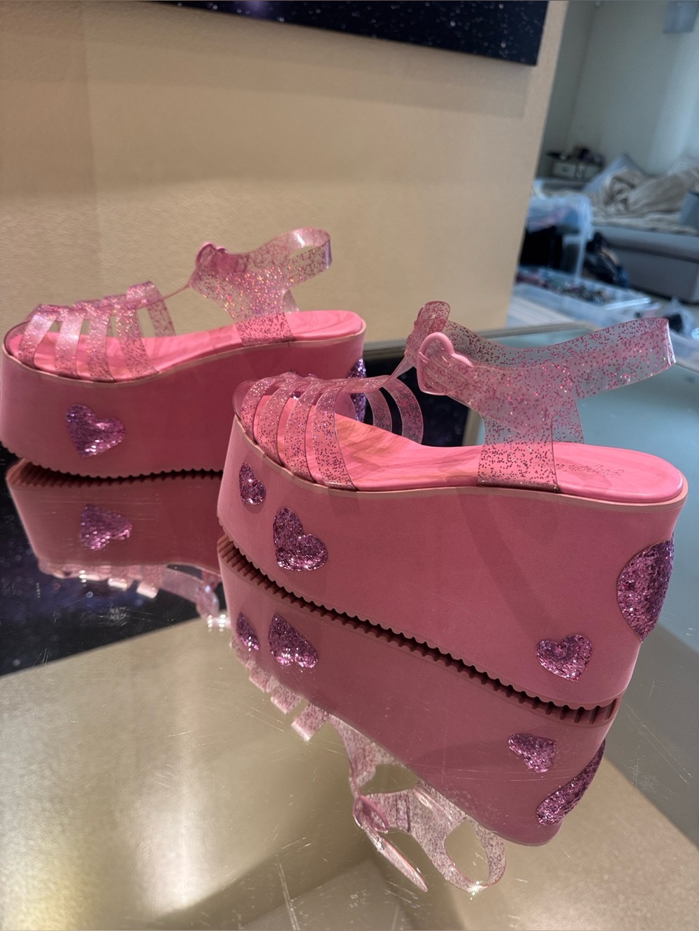 Sugar Thrillz Pink Glitter Heart Platform Sandals Dolls Kill